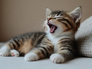 Adorable kitten yawning, relaxed and playful