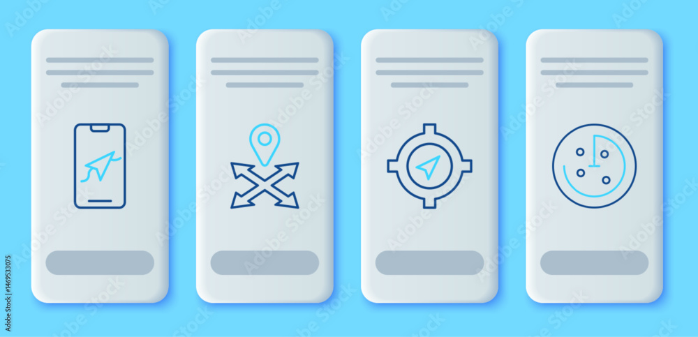 Poster set line location, compass, city map navigation and radar with targets monitor icon. vector