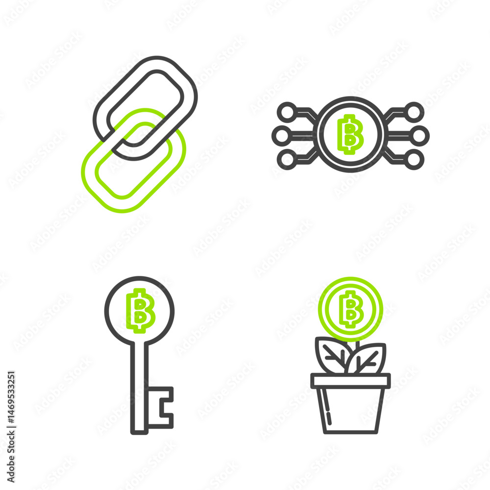 Poster set line bitcoin plant in the pot, cryptocurrency key, bitcoin circle with microchip circuit and cha