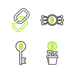 Set line Bitcoin plant in the pot, Cryptocurrency key, bitcoin circle with microchip circuit and Chain link icon. Vector