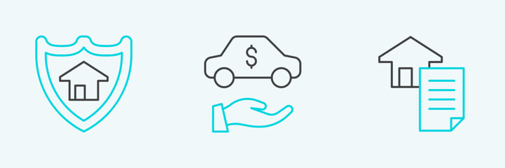 Set line House contract, with shield and Car rental icon. Vector