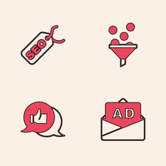 Set Advertising, SEO optimization, Lead management and Customer product rating icon. Vector