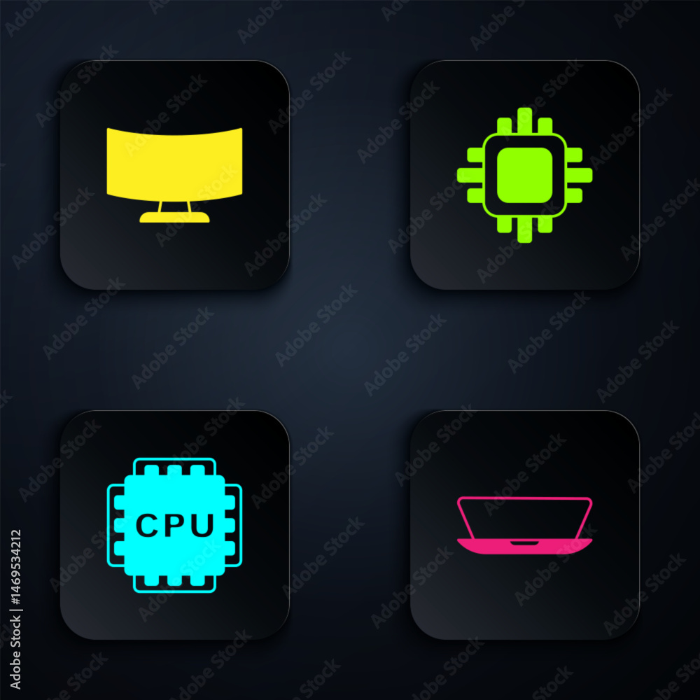 Poster set laptop, computer monitor screen, processor with cpu and . black square button. vector