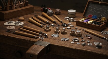 Naklejka premium Exquisite Craftsmanship: A Jeweler's Workshop Filled with Intricate Tools and Handcrafted Silver Jewelry. High quality professional stock photo suitable for commercial use.