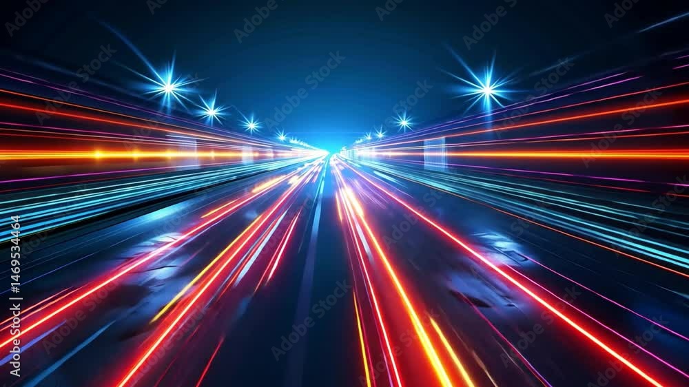 Poster vibrant light trails in futuristic tunnel create dynamic sense of speed and motion, showcasing glowi