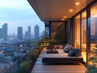 Fototapeta premium Urban Balcony Oasis. A modern balcony overlooking a city skyline at twilight. Comfortable seating area with plants, subtle lighting, and a floating daybed