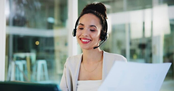 Businesswoman, headset and paper at laptop for video call, online consultation or finance advice. Consultant, tech and discussion in office for insurance policy, webinar or reading script on document