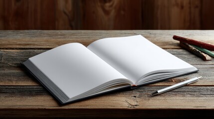 An open notebook with blank white pages resting on a wooden desk, ready for writing or brainstorming ideas