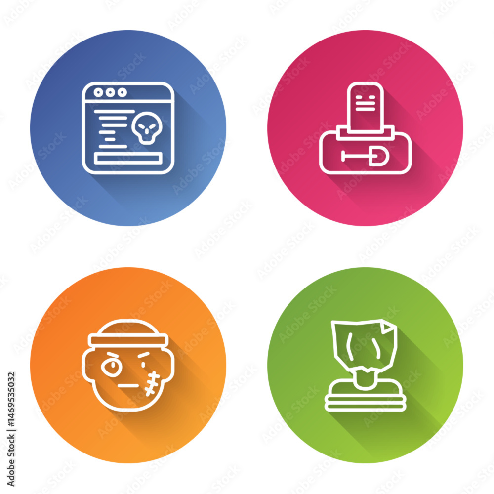 Poster set line system bug, grave with tombstone, bandit and kidnaping. color circle button. vector