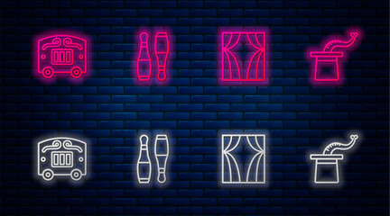 Set line Bowling pin, Circus curtain raises, wagon and Magician hat. Glowing neon icon on brick wall. Vector