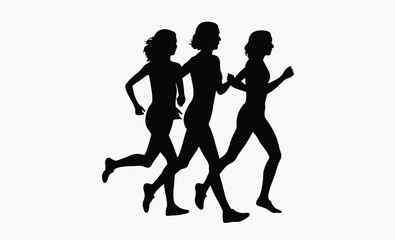 female runners silhouette, athletic women sprinting, group race motion, active sports pose, marathon team motion, sporty female stride, black white runners, fitness race silhouette, competitive women 