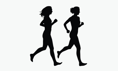 female runners silhouette, athletic women sprinting, group race motion, active sports pose, marathon team motion, sporty female stride, black white runners, fitness race silhouette, competitive women 