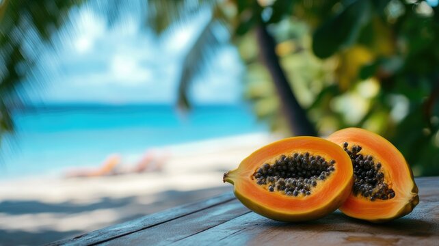 two halves vivid ripe papaya fruit displayed on a sunny tropical tabletop by a beach
