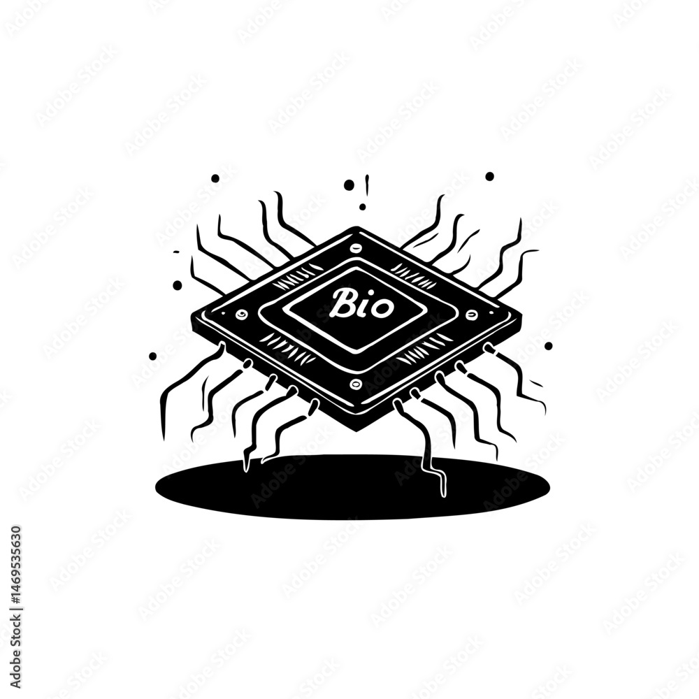 Poster stylized depiction of a biological microchip design concept with elegant simplicity