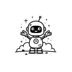 Whimsical robotic character illustration amidst starry skies and soft cloud formations