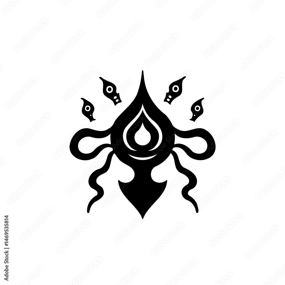 Poster abstract silhouette design featuring central motif with swirling symmetrical elements