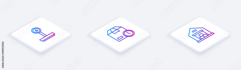 Poster set isometric line scale, cardboard box with clock and warehouse. white square button. vector