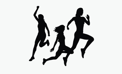 female runners silhouette, athletic women sprinting, group race motion, active sports pose, marathon team motion, sporty female stride, black white runners, fitness race silhouette, competitive women 