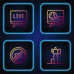 Set line Antenna, Censored stamp, Live report and Breaking news. Gradient color icons. Vector
