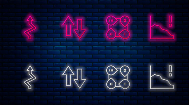 Set line Arrow, Infographic element, and Financial growth decrease. Glowing neon icon on brick wall. Vector