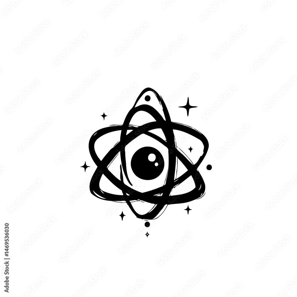 Poster abstract atomic eye design featuring a central sphere encompassed by orbits