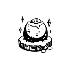 Enigmatic orb perched atop an intricate platform amidst scattered celestial sparks