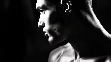 A black and white photo of a man with no shirt