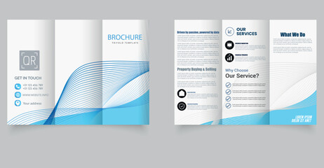 Blue trifold brochure with dynamic lines. Template with Geometric Design. Editable image. Vector