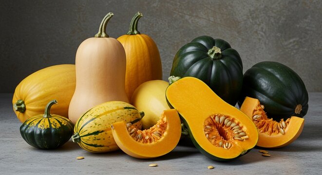 A Bountiful Autumn Harvest: A Stunning Still Life of Butternut Squash, Acorn Squash, and Spaghetti Squash, Ready for Thanksgiving or Fall Recipes