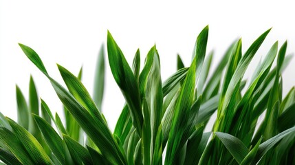 Obraz premium A few vibrant green grass blades standing upright, isolated on a clean white background