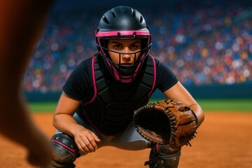 Female catcher focused in protective gear on baseball field during game