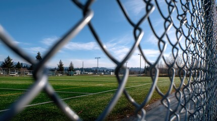 A football field seen through the intricate mesh of a metal fence, with clear blue skies above and no players in sight