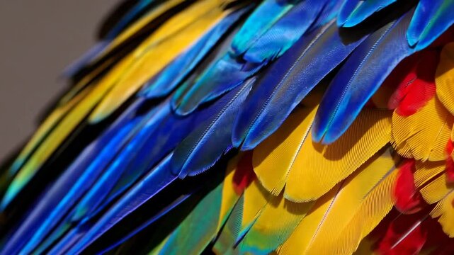 Vibrant parrot feathers display in closeup macro sequence