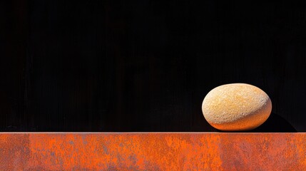A large, round, yellowish-orange sphere rests on a rusted orange metal ledge against a black background.