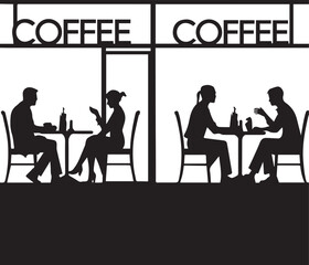 Vector silhouette of a coffee shop scene with people chatting
