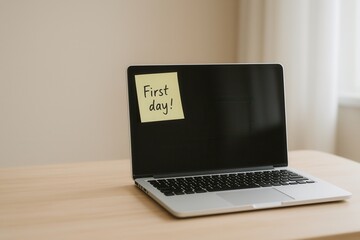 Laptop with First day sticky note on wooden desk in sunlit room