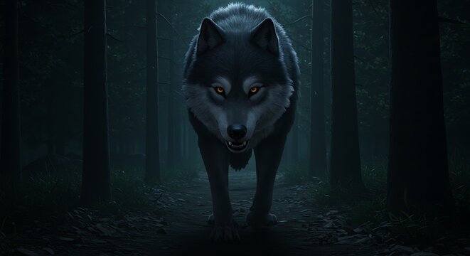 Gray Wolf's Midnight Prowl: Dark Forest Majesty AI Generated - Powered by Adobe