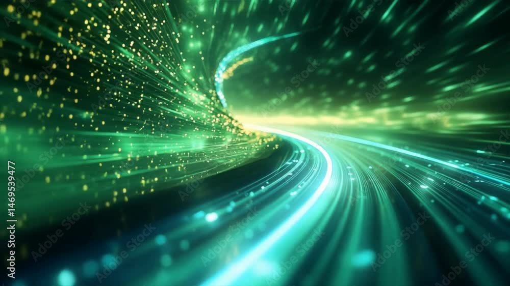 Poster futuristic motion blur with glowing particles, showcasing a dynamic journey through a vibrant digita
