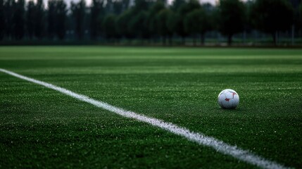 Obraz premium A single soccer ball on an empty soccer field with freshly painted white lines stretching across the pitch