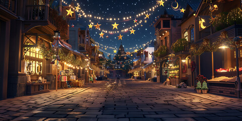 Obraz premium Charming Nighttime Street with Twinkling Stars and Festive Lights