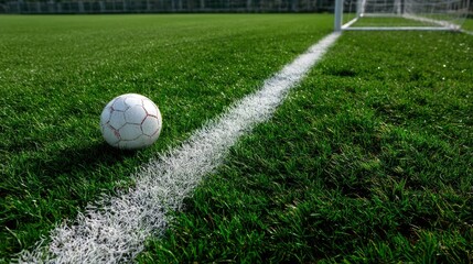 A soccer ball near the goalpost of an empty soccer field, vibrant green turf and bright white boundary lines