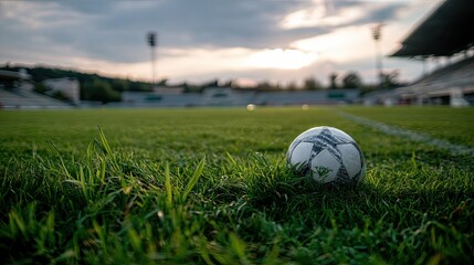 A soccer ball resting on the field near the penalty box, the grass vibrant and well-kept, no people present