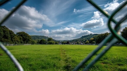 A view of a football pitch through the metal mesh of a fence, showing the vibrant green grass and goalposts at the far end