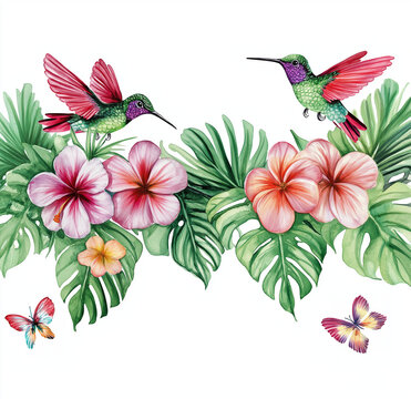 Watercolor tropical flowers and hummingbirds, clipart with a white background.