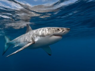 Naklejka premium Powerful great white shark in deep blue ocean