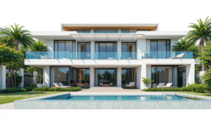 Modern luxury villa with pool tropical setting architectural photography outdoor environment front view contemporary design for real estate marketing