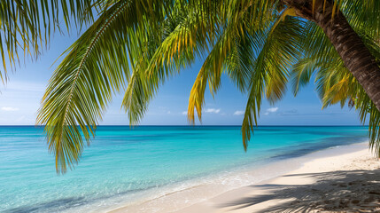 Fototapeta na wymiar Tropical paradise beach with palm trees and turquoise ocean. Tropical beach with soft white sand, turquoise clear waters and lush green palm trees under a bright blue sky.Summer, relaxation and nature