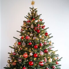 Beautifully decorated Christmas tree with twinkling lights and vibrant ornaments, set against white. Clear lighting, centered perspective, bright and inviting.  
