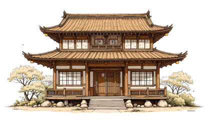 Fototapeta premium Traditional japanese house design japan architectural illustration tranquil environment front view cultural heritage exploration