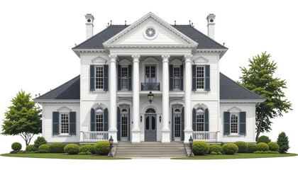 Elegant white mansion facade suburban neighborhood architectural photography bright daylight front view classic design elements for real estate appeal